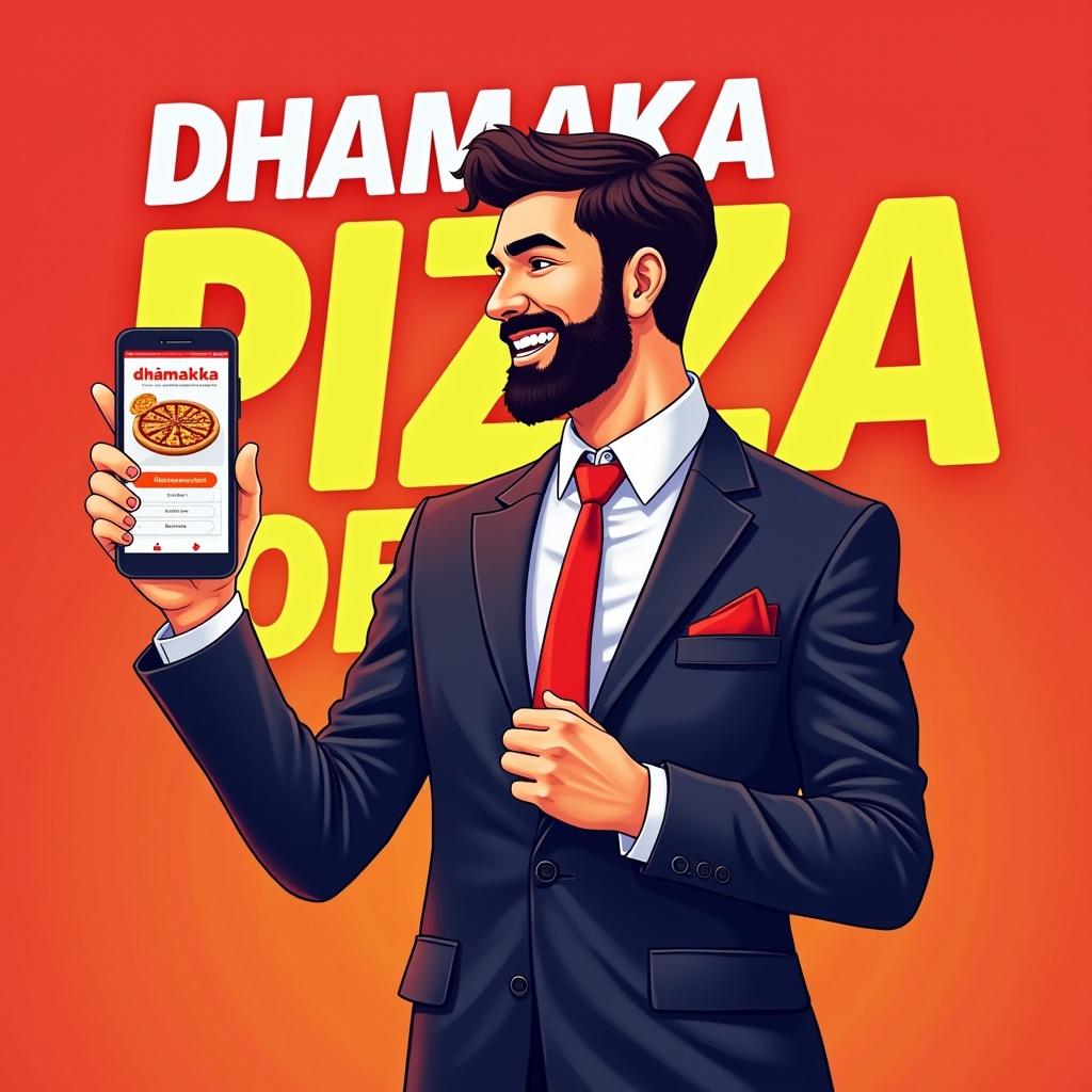 Confident man in a suit holding smartphone showing Pizza offer interface. Background has bold 'DHAMAKA PIZZA OFFER ' text in yellow and red. Man looks professional and enthusiastic. Vibrant colors in a digital art style.