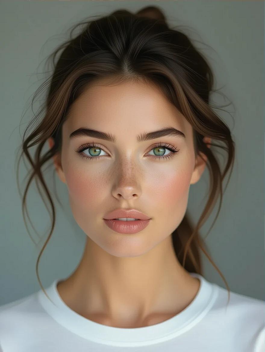 A woman with hyper realistic features. The focus is on her hairstyle and natural beauty with soft lighting. She is wearing a simple top. The image conveys modern beauty.