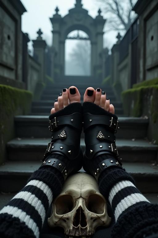 Image features women's feet on a skull with black polish in a gloomy cemetery setting. The atmosphere symbolizes beauty through self-care. Delicate feet adorned with leather sandals have a gothic aesthetic. The background includes foggy cemetery gates, creating a haunting yet beautiful scene.