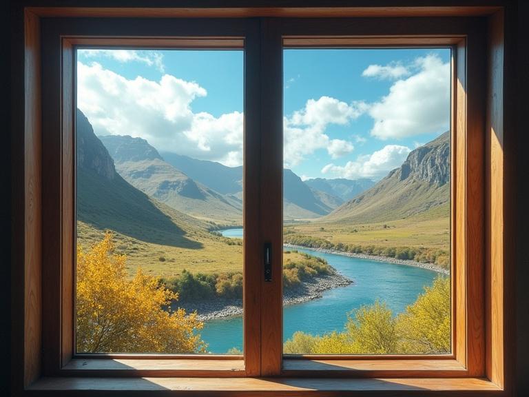 A view through a wooden window showcasing a vibrant landscape. A river flows through a valley surrounded by mountains. Autumn foliage adds warmth to the scene.