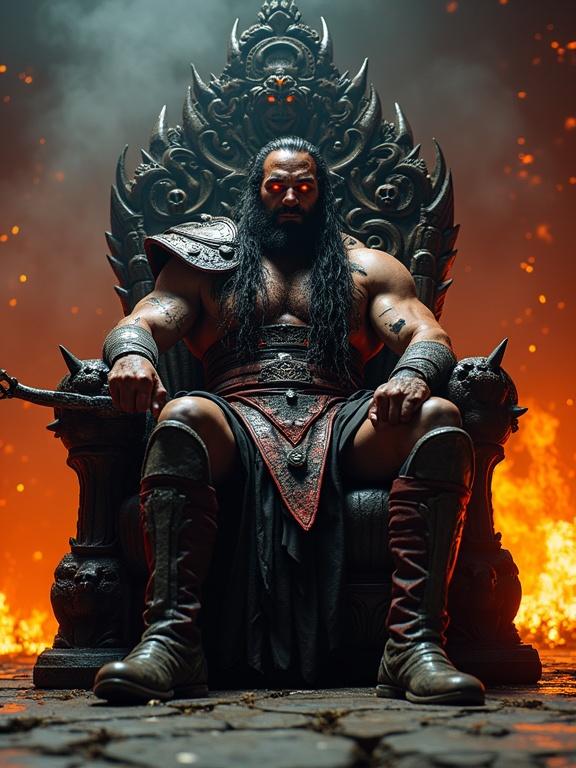 Hyper-realistic portrayal of Shao Kahn character by Jason Momoa. Sits on obsidian throne with spikes and glowing veins. Expression is savage and triumphant. Long blood-matted hair and ritual markings on face. Colossal war hammer rests on knee. Dark crimson and steel armor with jagged plating. Flames and smoke surround throne. High-resolution epic fantasy atmosphere.