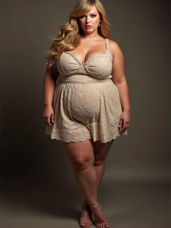 Model in a beige lace dress posed elegantly. Soft lighting highlights curves and beauty. Emphasis on body positivity and elegance.
