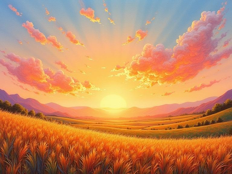 Serene sunset landscape with flowing embroidery threads. Vibrant vista under soft pastel skies. Sunset creates golden light over tranquil natural scene. Includes fields or gentle hills. Evokes calm, soft beauty. Impressionist style using thread for painterly look.