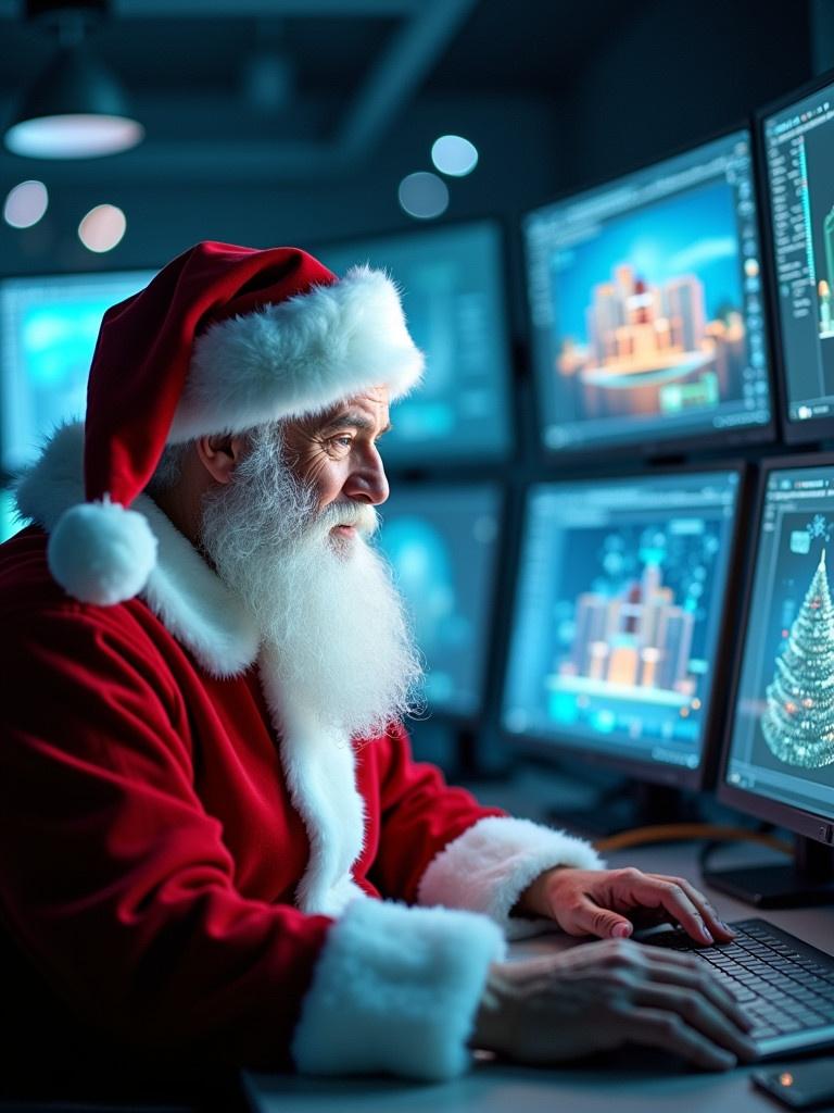 Interior of a high-tech workshop with Santa Claus working at computers multiple screens filled with designs. Soft glow illuminates the room featuring high-tech elements. Magical holiday ambiance enhanced by technology.