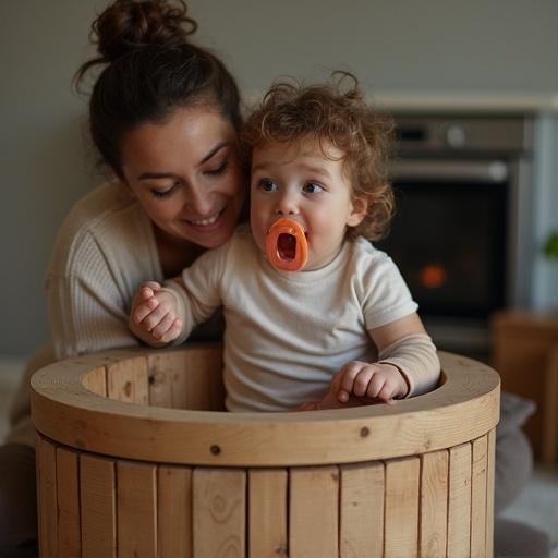 Interaction between mother and 10 year old child in a playful manner. Child has an oversized pacifier. Mother and child are in a wooden pillory. Indoor setting with soft lighting. 