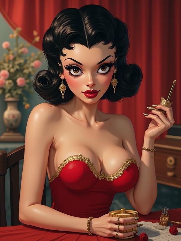 Pinup illustration of a glamorous woman with vintage style. She has dark hair styled in curls. Wears a red dress with gold accents. Holds a small bottle. Background has soft colors and floral decor.