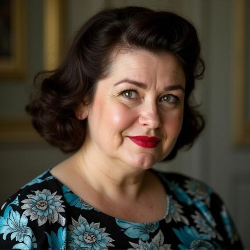Chubby 35 year old woman in a vintage floral dress with 1950's hairstyle. She has big red lips and green eyes. The portrait shows her intense glance and chubby body.