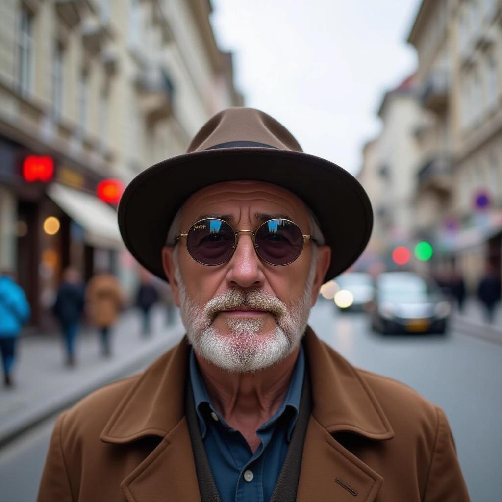 Elderly man outdoors wearing glasses and brown hat. City street background with blurred pedestrians and cars. Soft colors highlight urban fashion of the past.