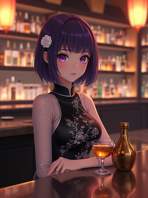 Anime woman with short dark purple hair. She wears a glamorous black cheongsam-style dress with floral embroidery. She is at a glossy bar counter with a wine glass and a golden bottle. Background shows a high-end bar with soft lighting. Elegant and sophisticated atmosphere. Ultra-detailed and cinematic style.