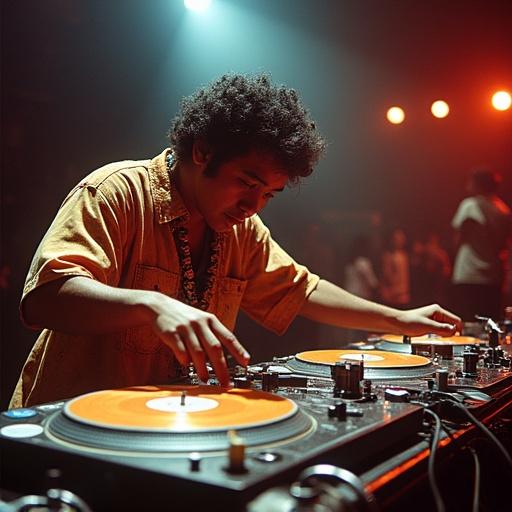DJ Ioane Iekika from Hawaii performs captivating turntable tricks on two turntables during the 1992 Orofon World DJ Mixing Championships eliminations. High-energy and fast-paced DJing. Shows enthusiasm and skill in a competitive environment.