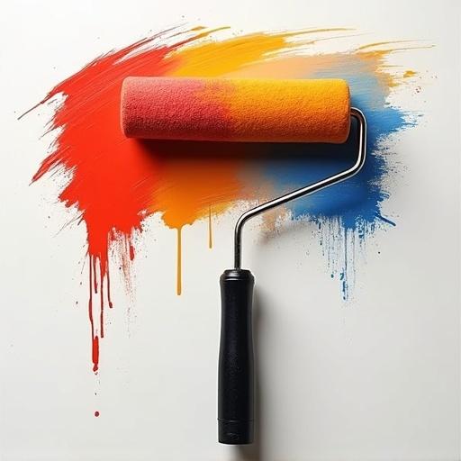 Image of a paint roller with drips of red, orange, and yellow paint on a white background. Brush positioned prominently to display colors.