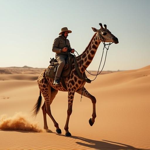 A dry desert landscape spans the view. A giraffe walks gracefully with a rider on its back. The sky glows with the warm hues of sunset. The sand kicks up around the giraffe's feet as it moves. The rider wears a wide-brimmed hat and clothing suitable for a desert. The environment is vast and open, highlighting the unusual sight of a giraffe being ridden in the desert.