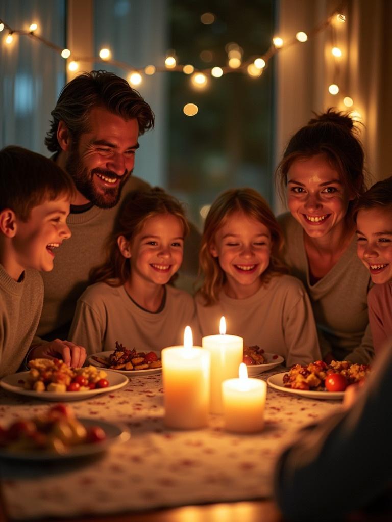 A joyful family gathers around a table celebrating a holiday. Lit candles create a warm atmosphere. The family includes parents grandparents children and siblings. Everyone smiles sharing a moment. The room is decorated with fairy lights emphasizing the spirit of togetherness during holidays.