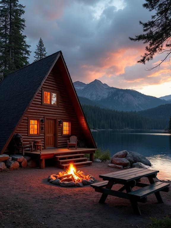 A cozy lakeside log cabin at dusk surrounded by forest and mountains. The cabin has a triangular roof made of dark brown logs with warm light from its windows. A campfire burns nearby by the lake, reflecting sunset colors. A picnic table sits on the forest floor, inviting relaxation.