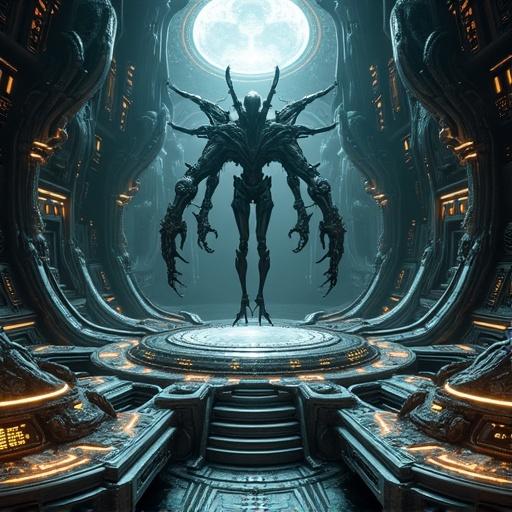 Highly detailed digital artwork in dark extraterrestrial style. Colossal command console with biomechanical structures. Crystal and metal materials. Towering alien entity with multi-jointed limbs. Surrounding biomechanical workstations with organic consoles. Background with organic bulkheads and energy conduits. Color palette is cosmic-dark. Dramatic lighting from bioluminescent orbs. Radially focused composition.