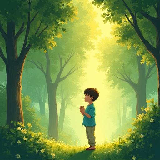 Children's storybook illustration. Scene shows a boy in dreamlike paradise. Boy stands in a green garden with raised hands in prayer. Light blue shirt, beige pants. Features smooth skin-toned face. Surrounded by trees glowing softly. Majestic luminous tree nearby. Magical atmosphere filled with peace. Space for Arabic text near the boy's head.