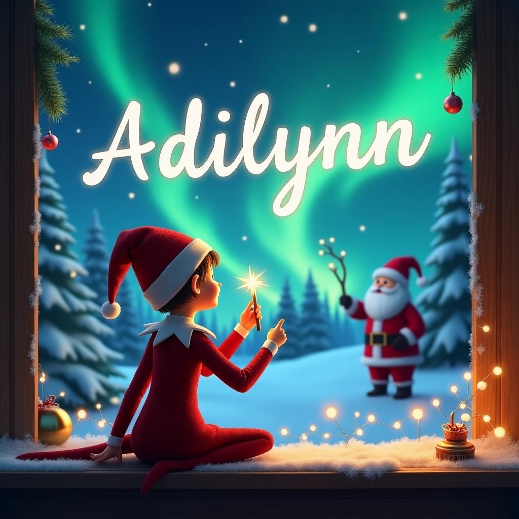 Elf on the shelf with his back to the image. Facing the sky. Using a wand to write name in the sky. Magical Christmas image. Northern lights in the background. Santa character visible. Snowy landscape. Elf character with wand in hand. Writing name in the sky. Background features Christmas elements. Magical atmosphere.