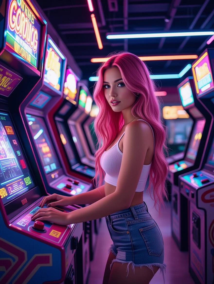 Young woman plays retro arcade game. She has long pink hair with blue ends. Bright neon lights illuminate the arcade room. She wears a crop top and denim shorts. The setting evokes a nostalgic atmosphere.