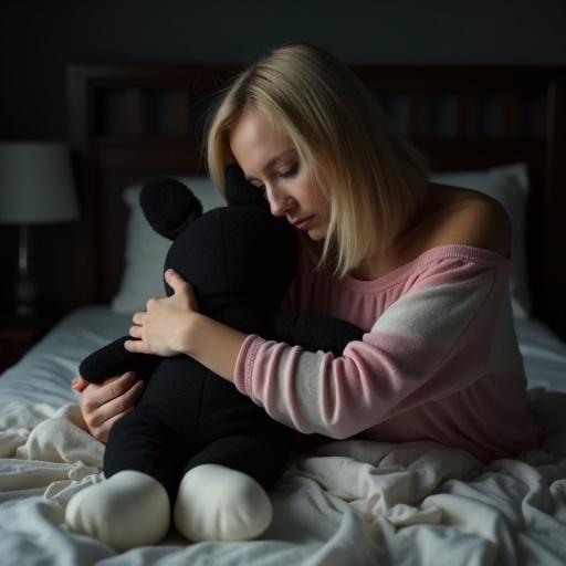Light-skinned female embraces black bunny-like puppet in dark room. Female has shoulder-length blonde hair. Wearing loose pink and white striped top. Intimate pose suggesting connection. Subdued lighting with shadows. Focus on emotional bond between them.