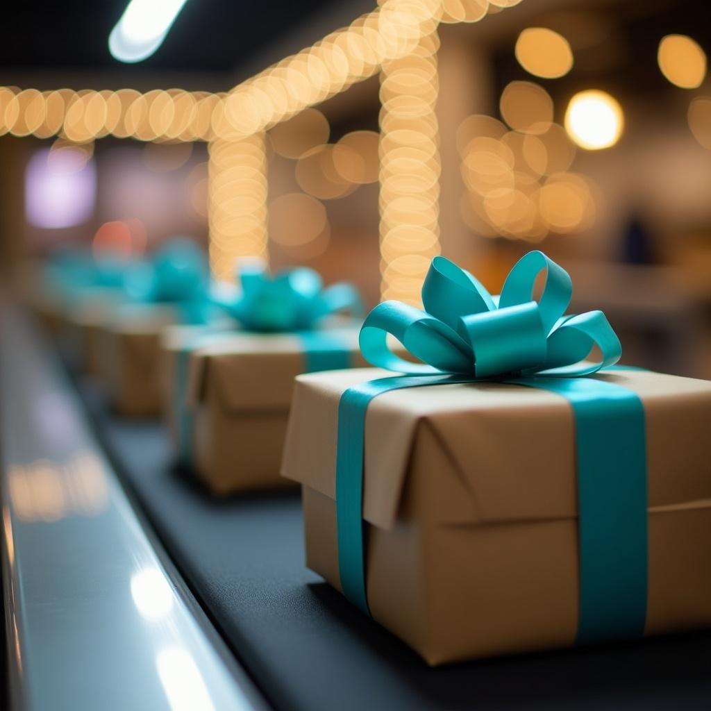 Conveyor belt in festive setting with neatly wrapped gifts. Gifts are brown with bright cyan ribbons and bows. Background features soft, blurred lights. Atmosphere is warm and cheerful, reflecting holiday spirit. Emphasis on joy of receiving gifts and sharing during celebrations.