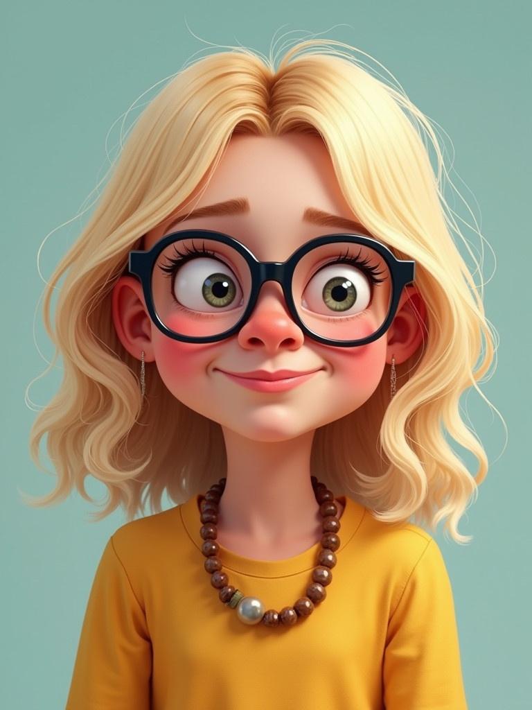 Digital painting features a girl with blonde hair and glasses wearing a necklace. Portrait shows her making a comical expression. The composition emphasizes her hairstyle and accessories. Playful atmosphere with bright colors and cheerful lighting. Suitable for children-oriented themes.