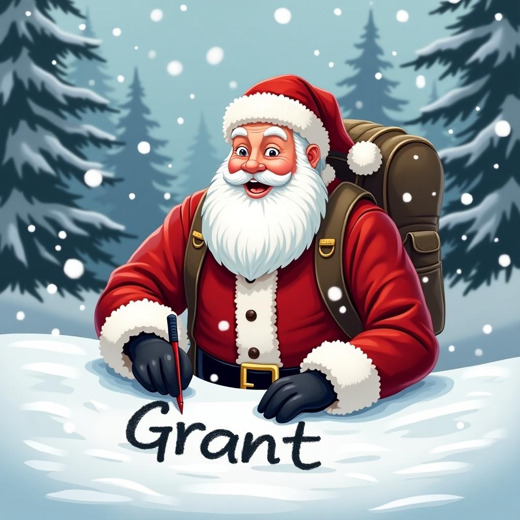 Santa Claus draws the name Grant in snow. Dressed in a red suit with a white beard. A backpack hangs over his shoulder. The background shows a winter landscape with snow-covered trees. Snowflakes fall gently. Santa appears cheerful and focused.