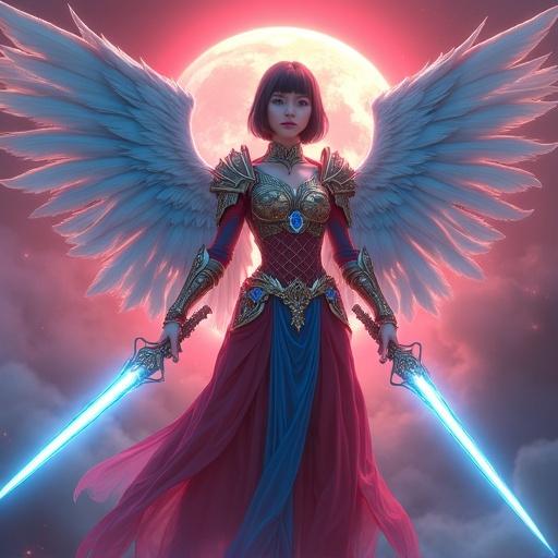 Ultra photorealistic fantasy illustration of a female warrior angel. She has short dark bobbed hair and captivating eyes. The armor is detailed and ornate in crimson red, celestial blue, and gold. It features elaborate pauldrons, vambraces, and greaves with filigree. She has magnificent wings transitioning from blue to white. Two glowing blue energy swords in her hands. Background is a large red orb with a cosmic background. Vivid colors and hyper-detailed textures.