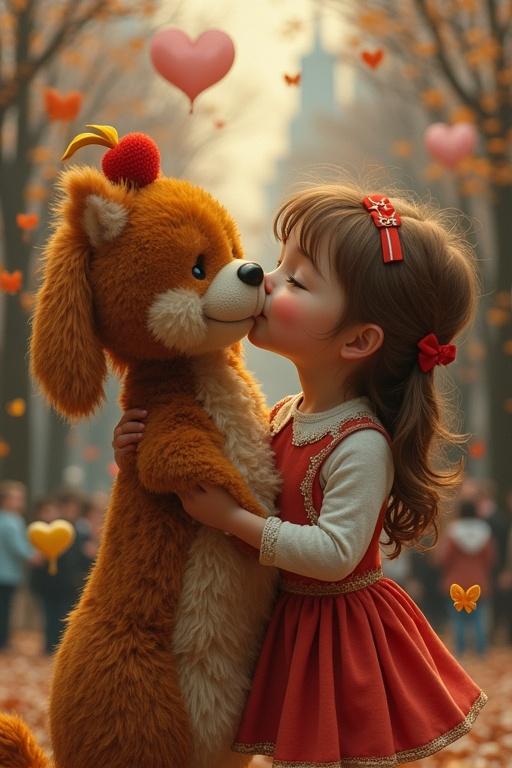 A child embraces a fluffy stuffed animal in a soft forest setting during autumn. Colorful hearts and butterflies surround them. The child wears a lovely dress. The atmosphere conveys warmth and affection.