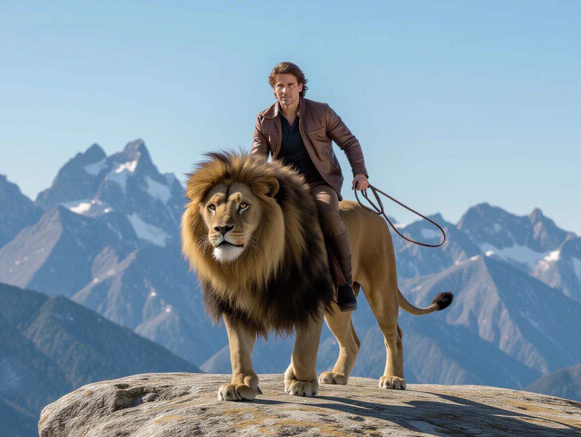 Action movie poster depicting a young man with average long hair riding a full lion on top of a rocky mountain. Frontal view. Both man and lion appear powerful. Scenic mountainous background with clear sky.