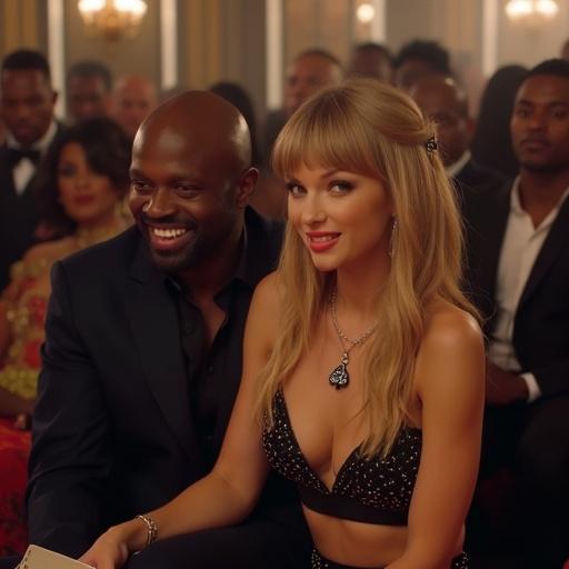 Taylor Swift in an awards show scene. Woman wearing a bodycon Supergirl costume with deep cleavage. Blonde twintails and big blue eyes. Black spade pendant and miniskirt. Older black man holding her neck. She smiles at the viewer. Holds card saying no chance whitebois. Energetic dance atmosphere. Full body shot. Recording screen effect.