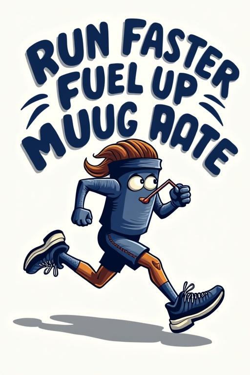 Energetic text states 'Run faster fuel up muug rate'. A funny coffee mug character runs while drinking through a straw. The mug wears a sweatband and sneakers. Bold colors display a playful and appealing theme with emphasis on movement.