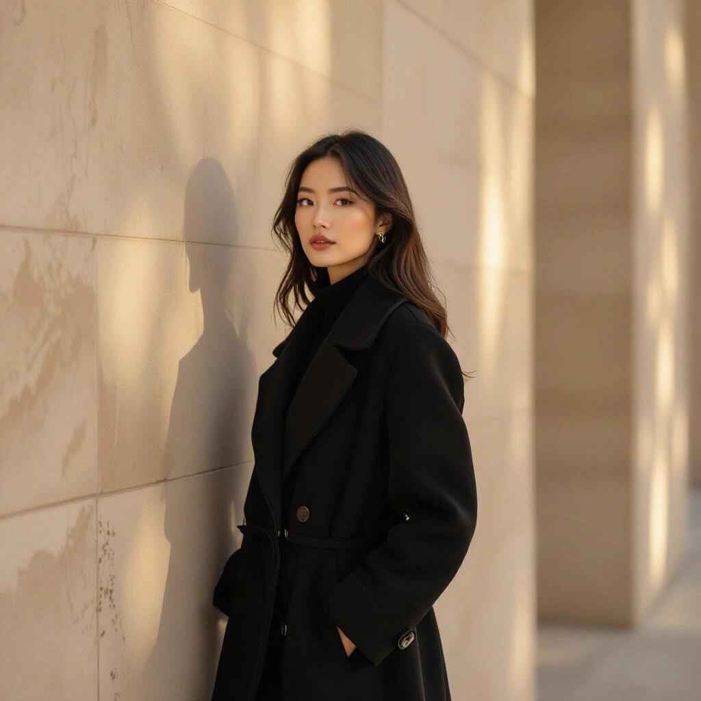 An Asian woman stands in a black coat by textured beige walls under soft warm light.