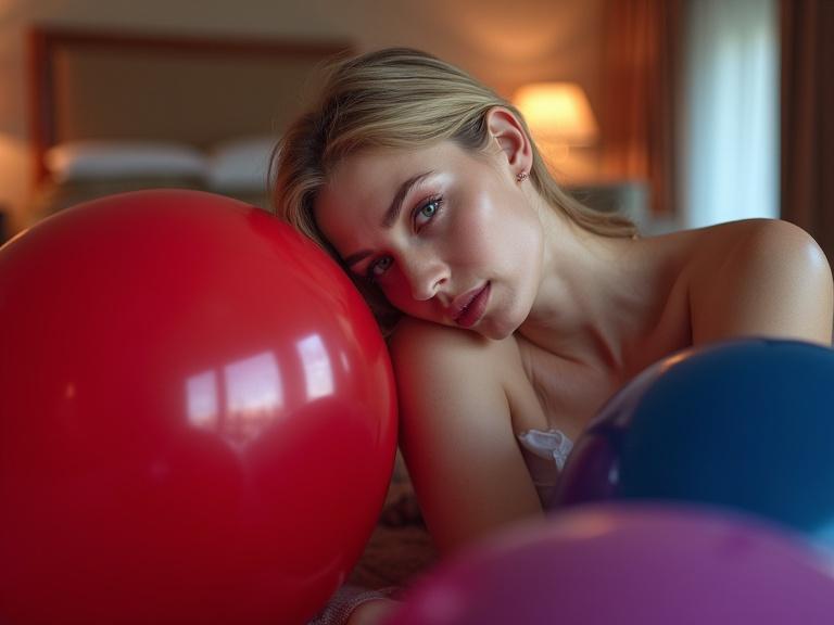 A beautiful blonde woman is reclining near giant latex balloons. Balloons are red dark blue and purple. The setting is an elegant hotel room with soft lighting. Focus on the model's smooth skin and the vibrant colors of the balloons.