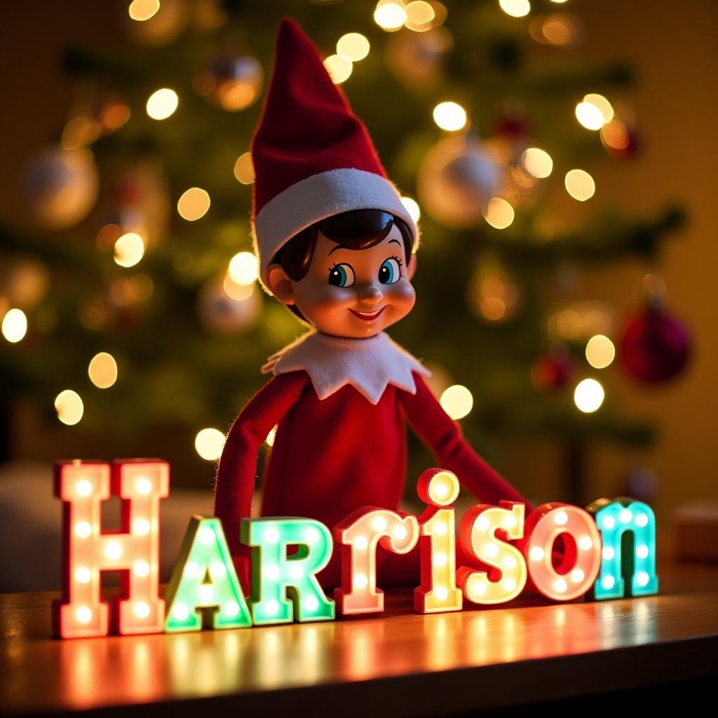 This image depicts a cheerful elf on the shelf in a vibrant Christmas setting. The elf is dressed in a classic red and white outfit, showcasing joy. It creatively arranges the name 'Harrison' with colorful illuminated letters, representing holiday personalization. A beautifully adorned Christmas tree is in the background, enhancing the joyful atmosphere. The warm lighting captures the essence of Christmas magic, ideal for family gatherings and festive gift ideas.