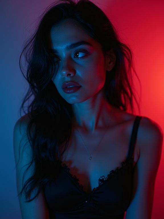 Photo features a stunning woman in a black nightgown with long dark hair. Soft lighting creates a dramatic effect with blue and red tones. The image is inspired by neon pop art aesthetics and distorted contemporary portraiture.