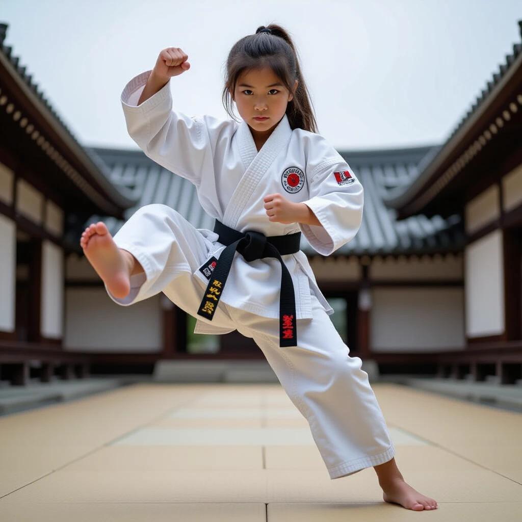 Teenage girl in karate gi executing front kick towards camera, visible bare foot with skin details, karate dojo background, action shot
