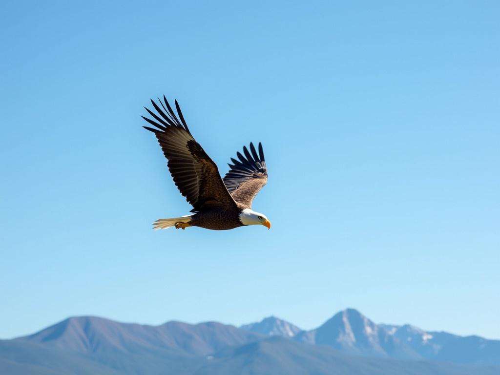 A bald eagle is soaring gracefully in mid-air, its wings spread wide. The majestic bird glides through the clear blue sky. Its sharp beak and piercing eyes are focused as it navigates effortlessly. Below, a faint outline of distant mountains adds depth to the scene. The eagle's feathers shine in the sunlight, showcasing its impressive wingspan. This image captures the essence of freedom and power in nature.