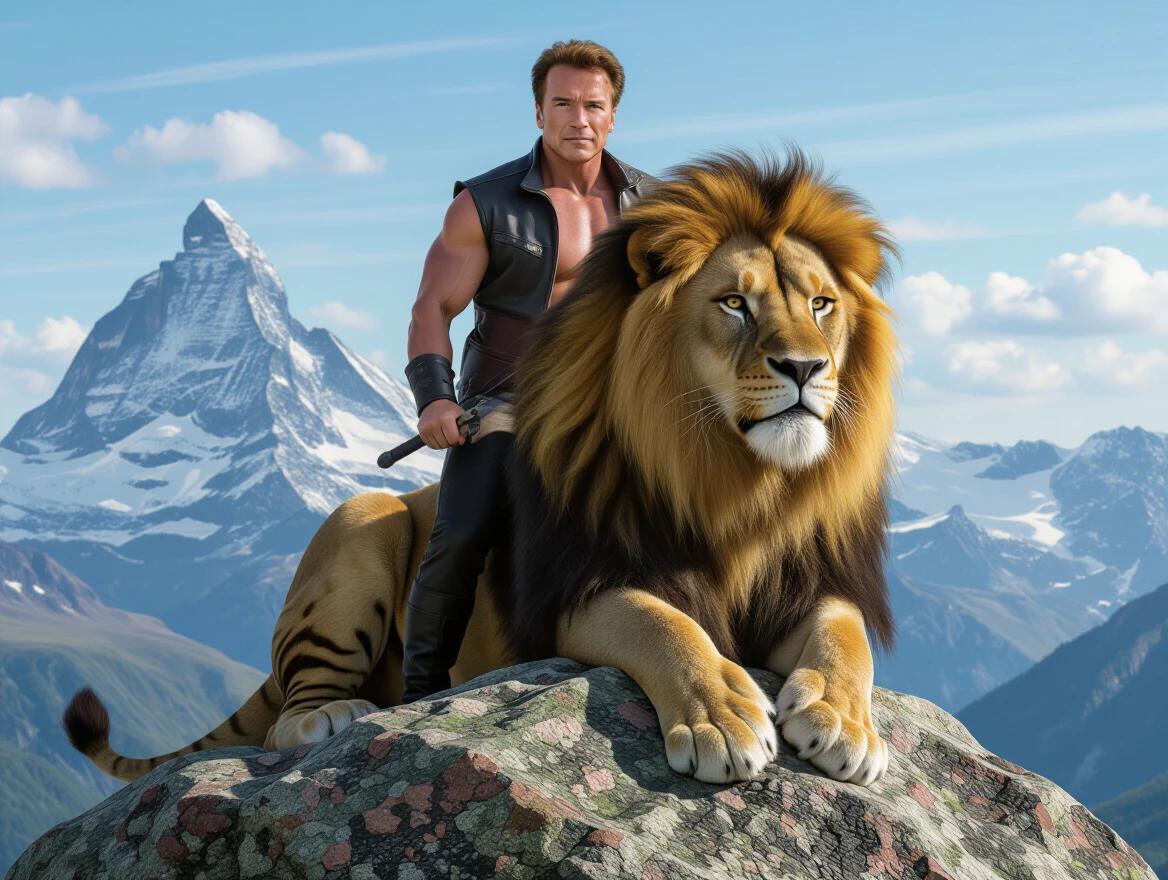 Arnold Schwarzenegger at 18 years in an action movie scene, a young man riding a powerful lion on a rocky mountain. Vibrant landscape with mountains in the background.