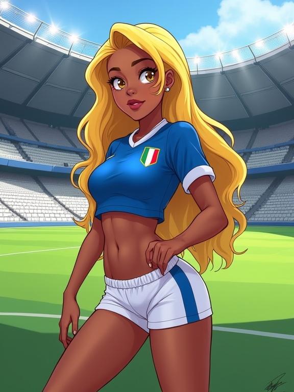 Digital anime illustration of a young female soccer player with long yellow hair in Italian jersey. She is in a stadium posing flirtatiously. Character features include alluring golden eyes and athletic attire.