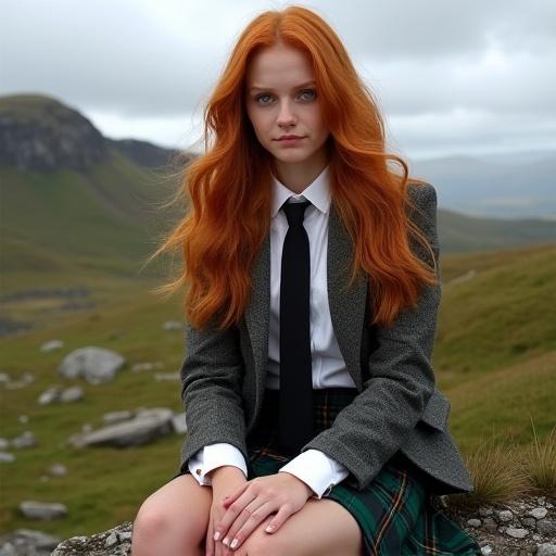 Young woman sits on a rocky outcrop. Long wavy ginger hair and striking green eyes. Dressed in a tweed blazer over a white shirt and black tie. Wearing a kilt. Wind lifts kilt and tie creating dynamic atmosphere. Hands rest on knees. Background features green meadows, rocks, and cloudy sky. Scene utilizes chiaroscuro lighting and has a graphite texture.