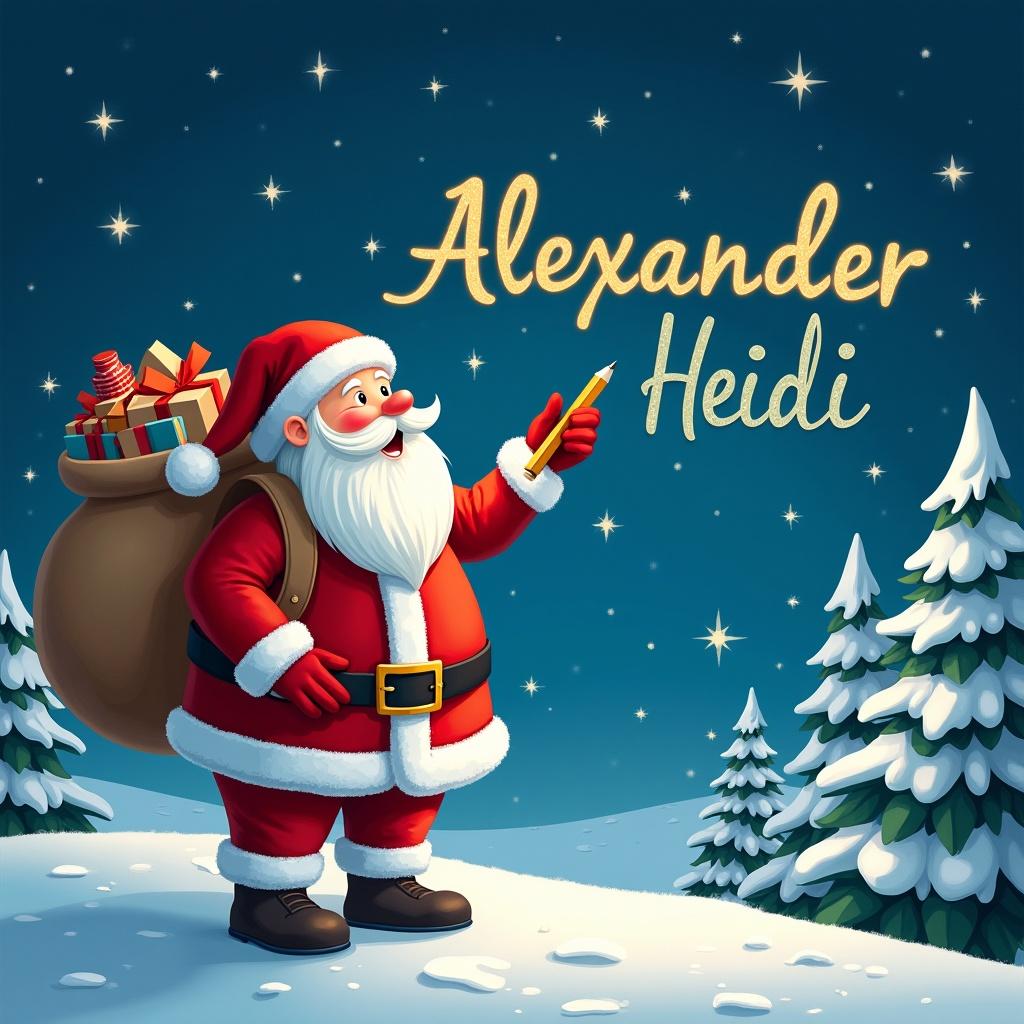 Santa Claus stands on snowy hill under night sky. Holding pencil looking up writing names. Dressed in red and white with a sack of gifts. Bright stars twinkle around him. Phrase 'Alexander' in whimsical font. Name 'Heidi' also in whimsical font.