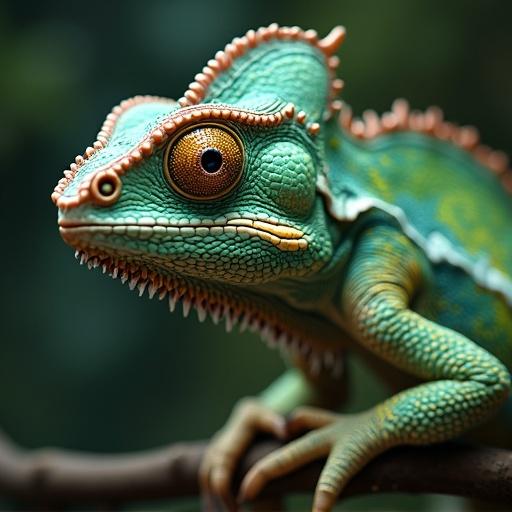 Realistic depiction of a chameleon showcasing vivid colors and intelligent eyes. Set in a natural environment with soft lighting. Emphasizes textures and details of the chameleon's skin.