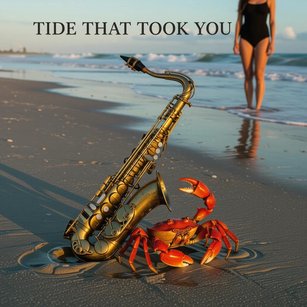Old saxophone left on the edge of a beach with a crab coming out of it. Dark sand with the shadow of a woman in the background. Text at the top saying 'Tide That Took You'. Cinematic image CD cover style.