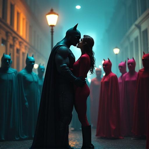 Large group of different colored dropheads surround Batman and Catwoman kissing under a streetlight.
