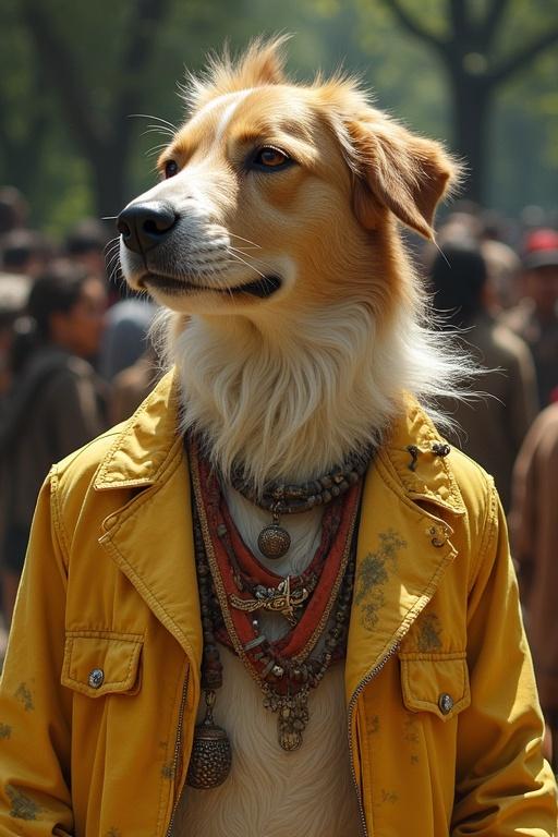 A golden retriever dog wearing a colorful jacket and multiple necklaces stands confidently among a crowd. The scene captures the unique style of the dog in a lively outdoor setting.