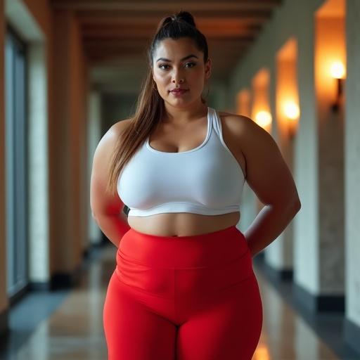 A powerful plus-size muscular woman stands confidently in a modern gym hallway. She faces the camera directly, has a broad strong build, well-defined arms, thick thighs, and visible abs. She wears a tight white sports bra and vibrant red high-waisted leggings. Her long hair is in a sleek ponytail, and she has a calm confident expression. Soft yet dramatic lighting emphasizes her muscle tone and curves. The background features warm ambient lights and polished flooring.