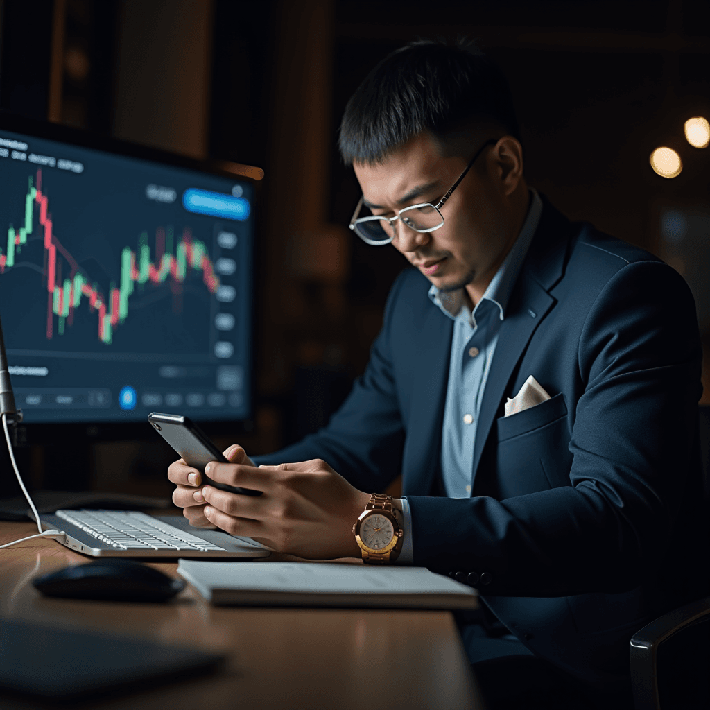 A man in a suit focuses on his smartphone next to a monitor displaying financial graphs in a dimly lit office.