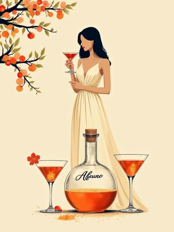 A minimalist screen printing artwork featuring a woman in a flowing light sundress in an orchard. She holds a cocktail glass at chest level. Nearby is a lower apothecary bottle with a shimmering elixir. The bottle glows golden-reddish and has a cork lid. An elegant hang tag displays 'ALFRUNO'. Two cocktail glasses are filled with the same liquid. The background is beige, creating a mysterious and elegant mood.