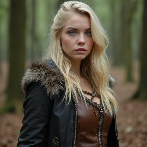 Attractive young woman outdoors in a forest. She wears a leather outfit. She has very light blonde hair and blue eyes. The scene has a medieval feel.