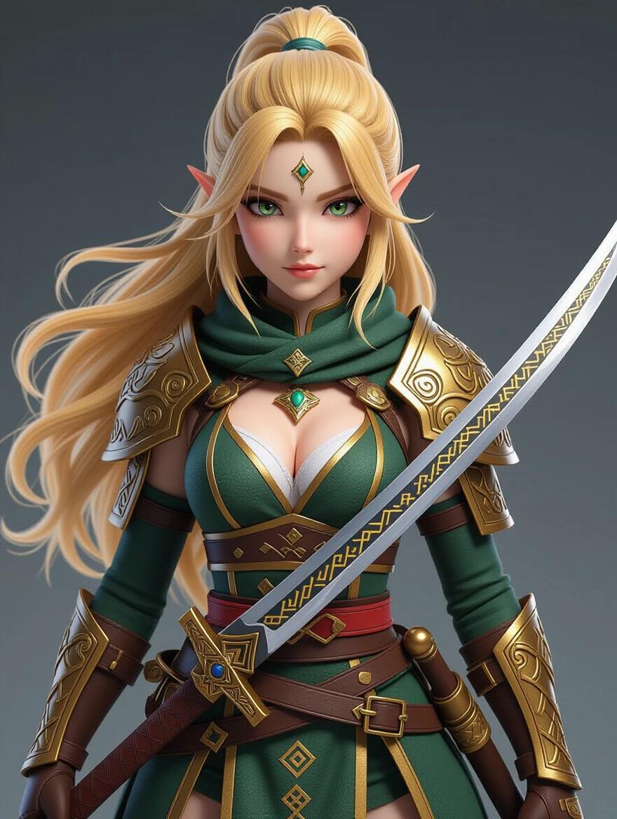 Full body image of a female character with golden hair. Character wears runic armor and carries an elemental katana. The design is created in 3D with attention to detail.